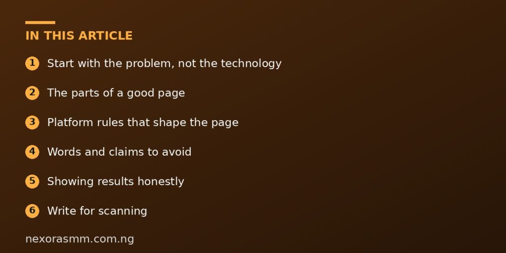 Summary graphic listing the main sections of: How to Write a Clear Product Page for a Forex Indicator or EA
