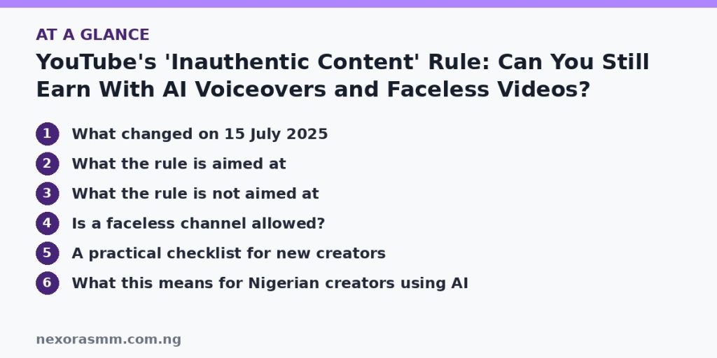 Summary graphic listing the main sections of: YouTube's 'Inauthentic Content' Rule: Can You Still Earn With AI Voiceovers and Faceless Videos?
